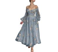 SWEMILE Puffy Sleeve Tulle Prom Dresses for Women 2024 Evening Party Gown Corset Flower Embroidery Tea Length Party Dress Dusty Blue UK 8