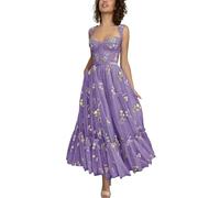 SWEMILE Women's Flower Embroidery Tulle Prom Dresses Corset Long Spaghetti Strap Fairy Ruched Formal Evening Party Gown Lavender