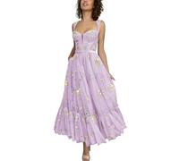SWEMILE Women's Flower Embroidery Tulle Prom Dresses Corset Ruched Tea Length Floral Formal Evening Party Gowns Lilac