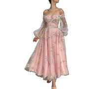 SWEMILE Women's Puffy Sleeve Pink Tulle Prom Dresses Flower Embroidery Formal Evening Party Gowns Pink UK14