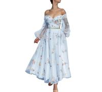 SWEMILE Women's Puffy Sleeve Prom Dresses Fair Flower Embroidery Tulle Green Formal Evening Party Gowns Blue UK 20