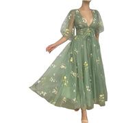 SWEMILE Women's Puffy Sleeve Prom Dresses Fair Flower Embroidery Tulle Tea Length Lace Formal Evening Party Bridesmaid Gowns Half Sleeve Green M
