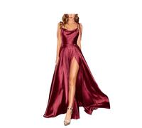 SWEMILE Women's Satin Spaghetti Straps A line Sleeveless Round Neck Floor Length Wedding Guest Dress with Slit Burgundy M