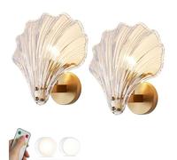 SWEMOPP Battery Operated Clear Glass Wall Sconce Set of 2 Modern Nordic USB Rechargeable Cordless Wall Light with Remote Gold Seashell Boho Coastal Wireless Wall Lamp for Bedroom Bedside Headboard