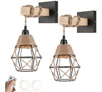 SWEMOPP Boho Rattan Wall Sconces Set of Two Battery Operated Wireless Black Wall Sconce Light Fixture Remote Control USB Rechargeable Wall Lamp for Bedroom Headboard Farmhouse Industrial Barn