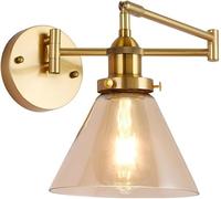 SWEMOPP Gold Swing Arm Wall Sconce Adjustable Hardwired Wall Lamp with Amber Glass Long Arm Antique Vintage Industrial Farmhouse Wall Mounted Light for Bedroom Bedside Living Room Headboard