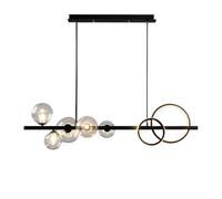 SWEMOPP Linear Pendant Light Mid Century Modern Glass Ball Linear Chandelier 5 Light Black Farmhouse Long Strip Ceiling Hanging Lamp For Dining Room Kitchen Island, Smoke Gray Clear Milk Amber Glass
