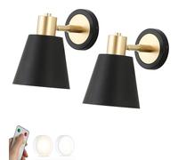 SWEMOPP Mid Century Modern Sconces Wall Decor Set Of 2 Battery Operated Remote Non Hardwired Wall Light Fixtures Black Gold Metal Farmhouse Industrial Cordless Wall Lamp For Living Room Bedroom Bedsid