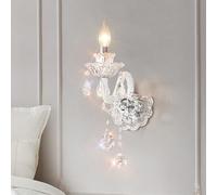 SWEMOPP White Crystal Wall Sconce French Country Wall Sconce Light 2-Light Nordic Modern Wall Lighting Candle Two Light Bedroom Wall Mounted Lamp for Bedside Bathroom Living Room Hallway