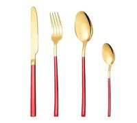 SWENEEN 4/16/24/32/40/48-Piece Stainless Steel Knight Cutlery - Square Handle Knife, Fork, and Spoon, Four-Piece Steak,Red Gold,4 Piece for 1