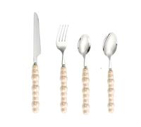 SWENEEN 4/16/24/32/40/48pcs Retro Light Luxury Ceramic Pearl Handle 304 Stainless Steel Knife, Fork And Spoon Tableware,Beige,4 Pieces for 1
