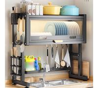 SWENEEN Large Double Tier Over Sink Dish Drying Rack Space Saving Kitchen Dish Drainer With Cutlery Holder Adjustable 95Cm Black Perfect For Countertop Storage.,Black-65cm