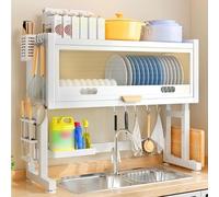 SWENEEN Large Double Tier Over Sink Dish Drying Rack Space Saving Kitchen Dish Drainer With Cutlery Holder Adjustable 95Cm Black Perfect For Countertop Storage.,White-75cm