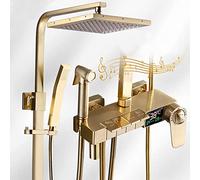 SWENEEN Modern Brushed Gold Thermostatic Shower System With Rain Shower Head And Temperature Display Adjustable Slide Bar Included,