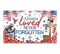 Swepuck 72x43inch Fabric Memorial Day Backdrop Always Loved Never Forgotten Flowers Soldier Cemetery Photography Background Patriotic Celebrations Party Decorations Photo Banner