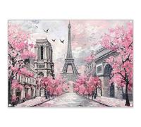 Swepuck 7x5ft 2D Spring Paris Eiffel Tower Backdrop Blurred Oil Hand-Painted Style Pink Cherry Flowers European City Landscape Photography Background Party Decorations Photo Banner