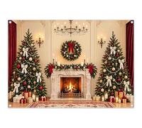 Swepuck 7x5ft Fabric Christmas Backdrop Fireplace Wreath Photography | Xmas Pine Tree Background, Winter Holiday Party Decorations, Bow Banner, Family Photo Booth, Polyester, Grommets, 1PC