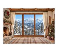 Swepuck 7x5ft Fabric Christmas Fireplace Backdrop Winter Scene Photography | Xmas Tree Window, Holiday Ski Party Decorations, Snow Mountain Forest Banner, Family Photo Booth, Polyester, Grommets, 1PC