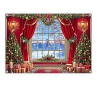 Swepuck 7x5ft Fabric Christmas Winter Window Backdrop Snowy Scene Xmas Pine Tree Red Curtain Candle Photography Background Family Holiday Party Decor Photo Props