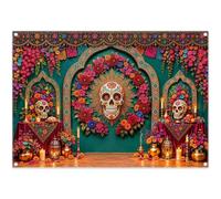 Swepuck 7x5ft Fabric Day of The Dead Skull Photography Backdrop | Día de Los Muertos Banner, Mexican Fiesta Party Decorations, Halloween Floral Photo Booth, Polyester, Grommets, 1PC
