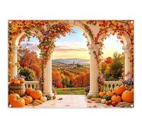 Swepuck 7x5ft Fabric Fall Backdrop Arch Pumpkin Maple Leaf Vine Sunset Village Valley Roman Column Photography Background Harvest Festival Party Decor Photo Booth Banner