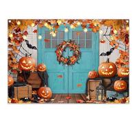Swepuck 7x5ft Fabric Halloween Fall Backdrop Autumn Blue Barn Door Fallen Maple Leaves Pumpkin Lantern Bat Photography Background Holiday Party Decor Photo Banner Props