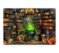 Swepuck 7x5ft Fabric Wizard Magic Bookshelf Backdrop Witch Cauldron Bookcase Spooky Ghost Bat Pumpkin Photography Background Halloween Party Decor Photo Banner