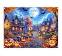 Swepuck 8x6ft Fabric Halloween Full Moon Night Backdrop Pumpkin Lantern Wooden House Street Bat Photography Background Spooky Holiday Party Decorations Photo Banner Props