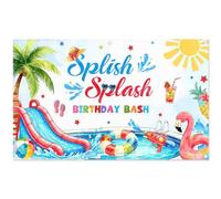 Swepuck 96x60inch Fabric Splish Splash Birthday Bash Backdrop Summer Paddling Pool Watercolor Photography Background Baby Shower Luau Aloha Party Decorations Photo Banner