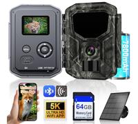 Swetfela 5K Wildlife Camera, Infrared Trail Camera with 64G SD Card，64MP Full HD Wildlife Camera With Night Vision Motion Activated with Mobile Phone Transmission App with solar power, IP66