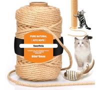 Swetfela 60M Sisal Rope for Cat Scratcher, 6MM Rope for Scratching Post, With Mouse Toy, String for Post Tree Replacement, Gardening Bundling, Craft Decoration