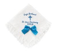 SWETHT Personalised Baby Christening Shawl, Embroidered Baptism Shawl White with Gothic Cross, Custom Naming Day Christening Blanket for Baby Boys Girls