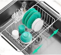 SwetLao Dish Drainer Rack in Sink Adjustable, Expandable 304 Stainless Steel Metal Dish Drying Rack Organizer with Stainless Steel Utensil Holder Over Inside Sink Counter, Rustproof