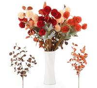SWEWARM 10 Stems Artificial Kiku Flowers with 2 Eucalyptus Leaves, Fall Faux Silk Flower Arrangements for Home Wedding Table Centerpieces Vase Decor, Red Orange Yellow Bouquet, 53-55 cm