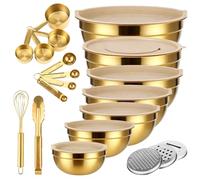 SWEWARM 20 PCS Gold Stainless Steel Mixing Bowl Set with Lids, 7 Nesting Bowls 3 Graters 8 Measuring Spoons 1 Whisk 1 Food Tong, Golden Kitchen Prep Kit