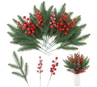 SWEWARM 36 PCS Artificial Pine Branches and Red Berry Stems, Christmas Picks Decorations Set, Faux Pine Needles, Frosted Red Berries, Bendable Wire Stems for DIY Wreath, Garland, Festive Decor