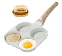 SWEWARM 4-Cup Non-Stick Pancake Pan | 7.3" Aluminium Egg Pan with Wood Grain Handle | Induction & Gas Stove Compatible for Burgers & Fried Eggs (Beige)