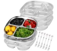 SWEWARM 6 Pcs Stainless Steel Snack Containers, 4-compartment Bento Boxes with Lids & Forks, Deep Large Metal Lunch Trays, Stackable Divided Lunch Containers for School, Home, Office, Travel