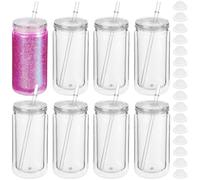 SWEWARM 8 Pcs 16 fl oz Plastic Tumblers with Lids and Straws, Double Wall Tumbler with Pre Drilled Hole Bulk Snow Globe Cups, Reusable Mason Cup with Silicone Plugs for Cold Drinks, DIY, Parties