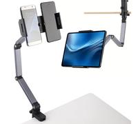 SWEWARM Tablet Mount Stand for Bed, Overhead Holder with 360° Rotation, 3-Section Adjustable Arm, Metal Clamp, Dual Phone Use, for 4-14 in Tablets and Phones