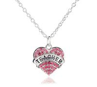 swglcowo Teacher Crystal Pendant Necklace Charm Colorful Heart Shaped Sparkly Pink Rhinestone Cubic Zirconia Chain Necklace for Women Teachers Appreciation Jewelry Gifts, Zinc, Cubic Zirconia