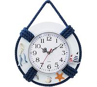 SWHONG Mediterranean Style Wall Clock Home Living Room Decoration Fish Clock Wooden Round Steering Wheel Clock Craft Clock Garden Blue