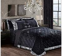 swift 3 Piece Quilted Bedspread/Bed Throw with Pillow Shams Luxury Premium Quality Crushed Velvet (Black, Super King)