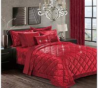 swift 3 Piece Quilted Bedspread/Bed Throw with Pillow Shams Luxury Premium Quality Crushed Velvet (Burgundy, Double)