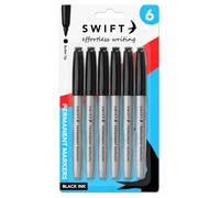 SWIFT Black Permanent Marker Pens, Pack of 6, Bullet Tip, Water Resistant | Black