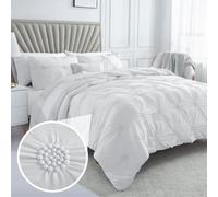 Swift Home King White 3-Piece Down Alternative Comforter Set Bedding Ruched 3D Floral Pintuck All-Season, Machine Washable