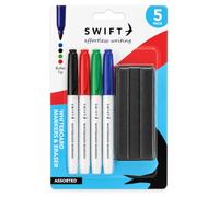 SWIFT Whiteboard Markers, 4 Pack with Eraser - Black, Red, Green & Blue Dry Wipe Pens
