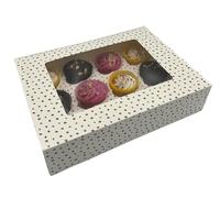 SwiftPick Home 3 x 12-hole Cupcake Boxes With Windows | White & Black Polka Dots | 32 x 24 x 7.5cm | Pop Up Cupcake Box | Cake Box Holder | Removable Insert Tray | For Cupcakes & Muffins
