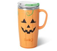 Swig Life 22oz Travel Mug, Hallowen Insulated Tumbler with Handle and Lid, Travel Coffee Mug, Cup Holder Friendly, Stainless Steel 22 oz Tumbler, Reusable Insulated with Lid (Boo Crew Pumpkin)
