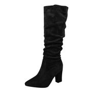 Swikon Women’S Below Knee Boots Slouch Suede Patterned Long Boots | Pointed Toe Block Heel Fashion Boot Ruched Leopard Zebra Print Footwear for Night Outfits Club Party & Autumn Street Fashion
